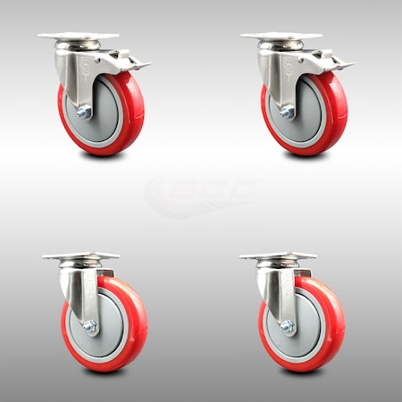 Service Caster 5 Inch 316SS Red Polyurethane Wheel Swivel Top Plate Caster Lock Brakes, 2PK SCC-SS316TTL20S514-PPUB-RED-2-S-2